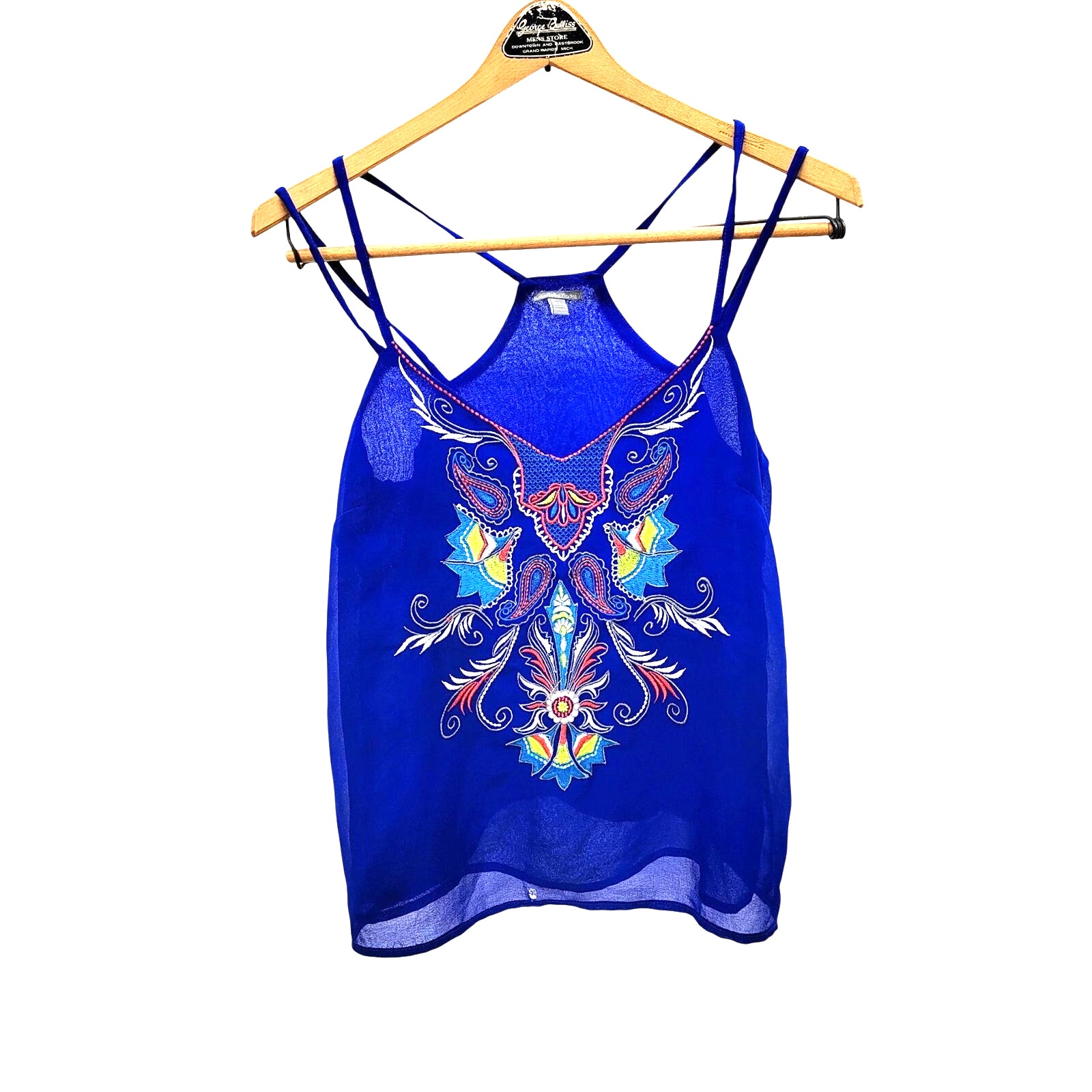 Y2K Vtg Vibrant Intricate Embroidered Sheer Boho Paisley Festival baby tank XS