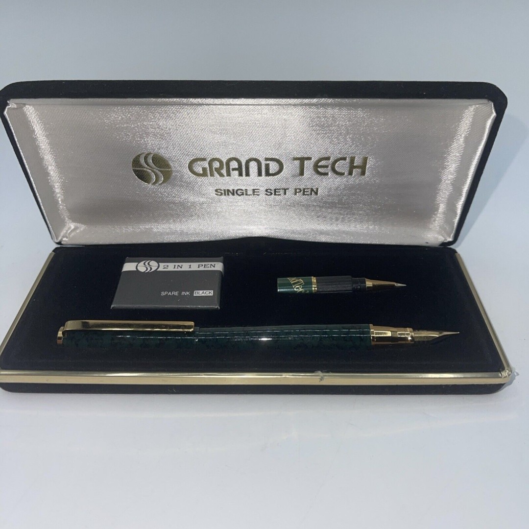 Grand Tech Pen Iridium Point Fountain And Rolling Ball NIB Green MARBLE COLOR