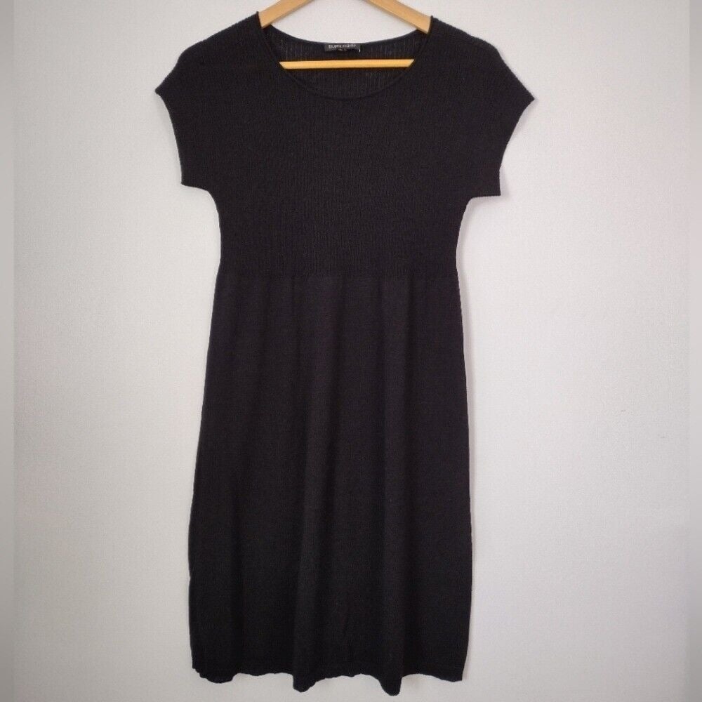 Eileen Fisher 100% Wool Black Short Sleeve Dress