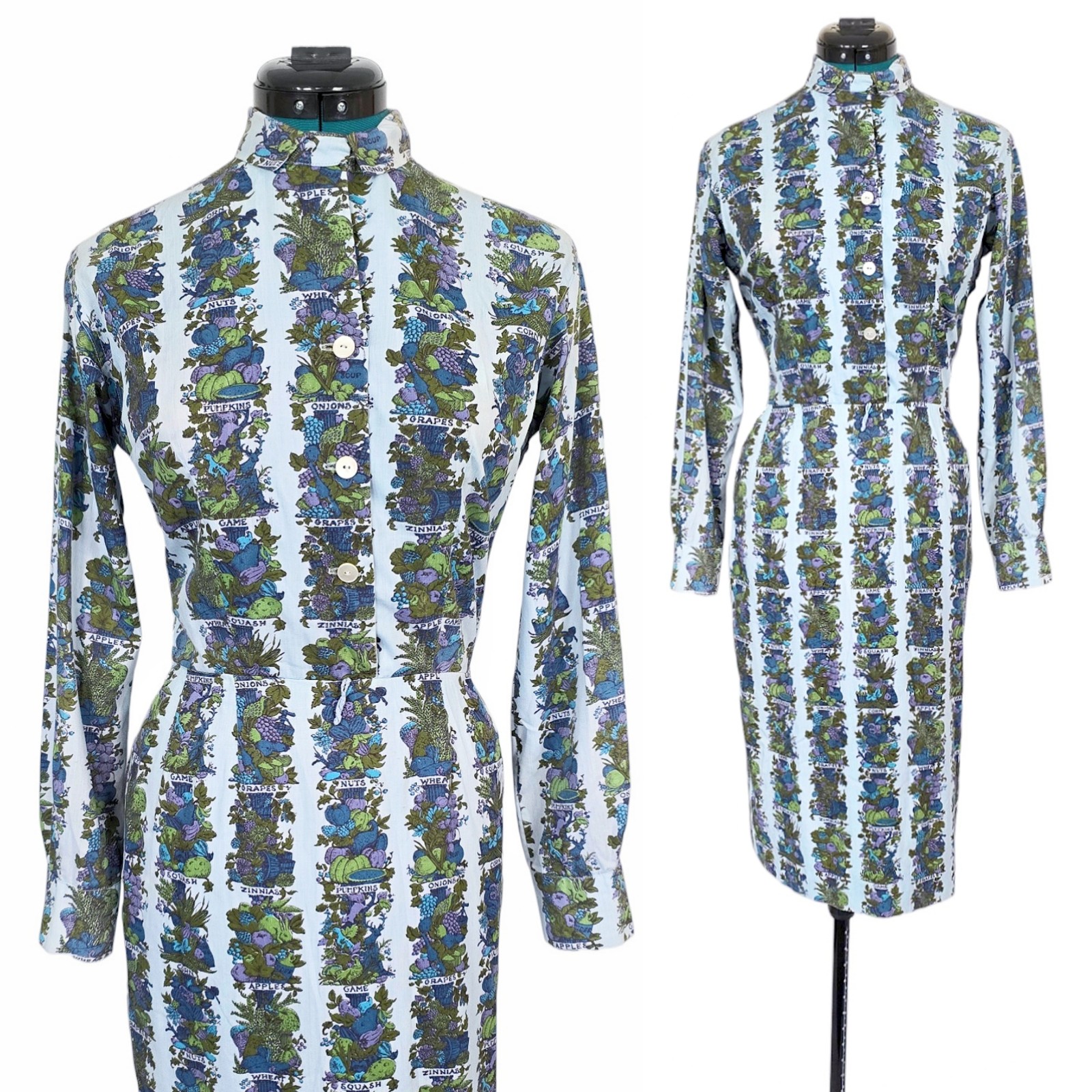 1950s Vintage Dress 50s Wiggle Cocktail Novelty Print Vegetable Garden XS Cotton