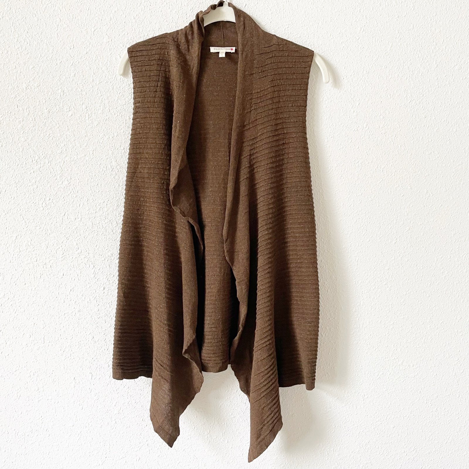Eileen Fisher Linen Cotton Open Front Vest Brown Size Small Coastal Ribbed Boho