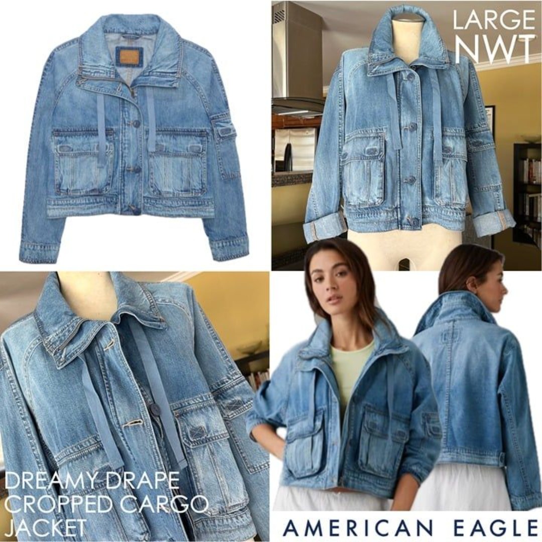 NWT AE Dreamy Drape Cropped Cargo Denim Jacket Drawstring Neck Boxy Relaxed Fit