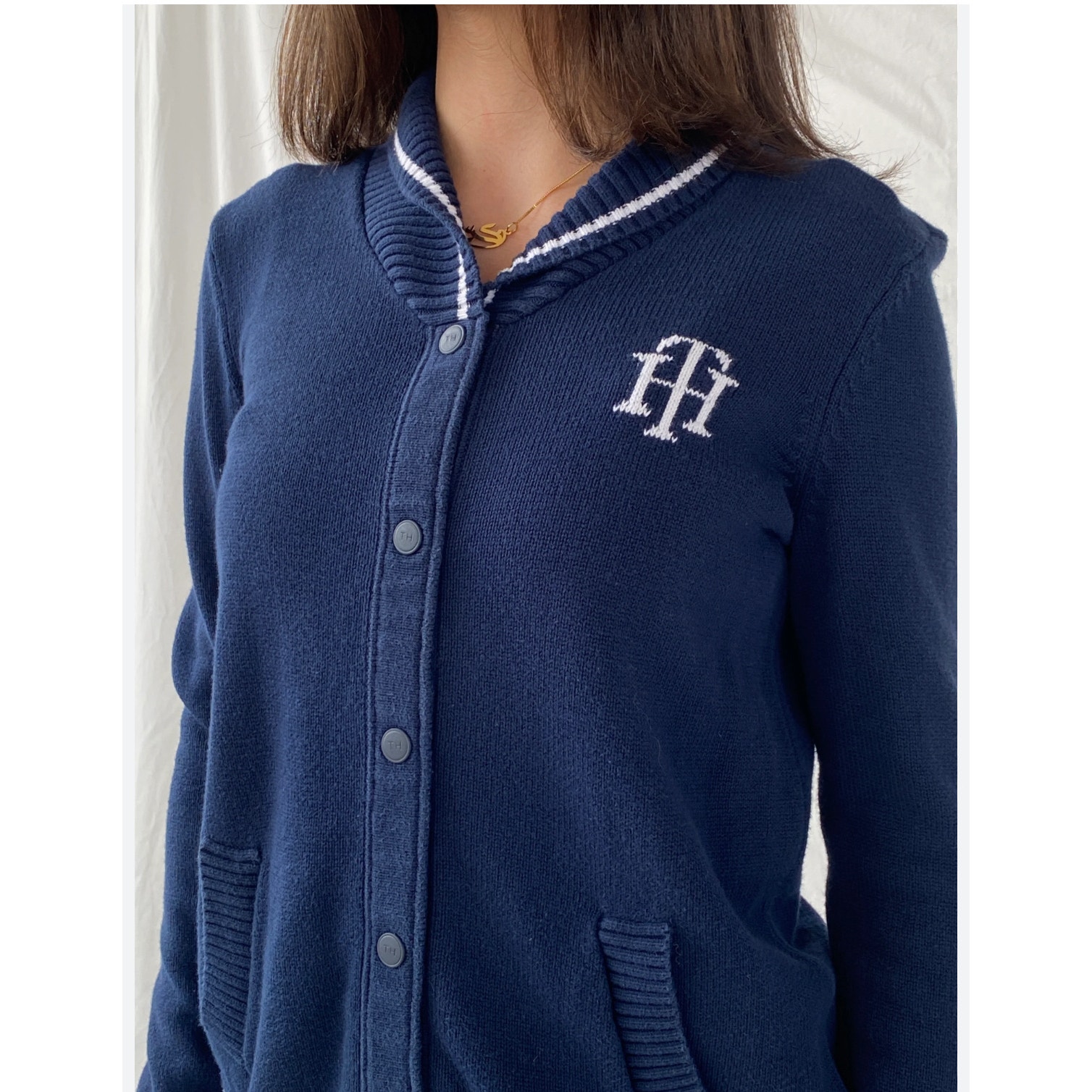 Women's Tommy Hillfiger Snap Button Navy Cardigan Preppy Monogram Cardigan Sz XS
