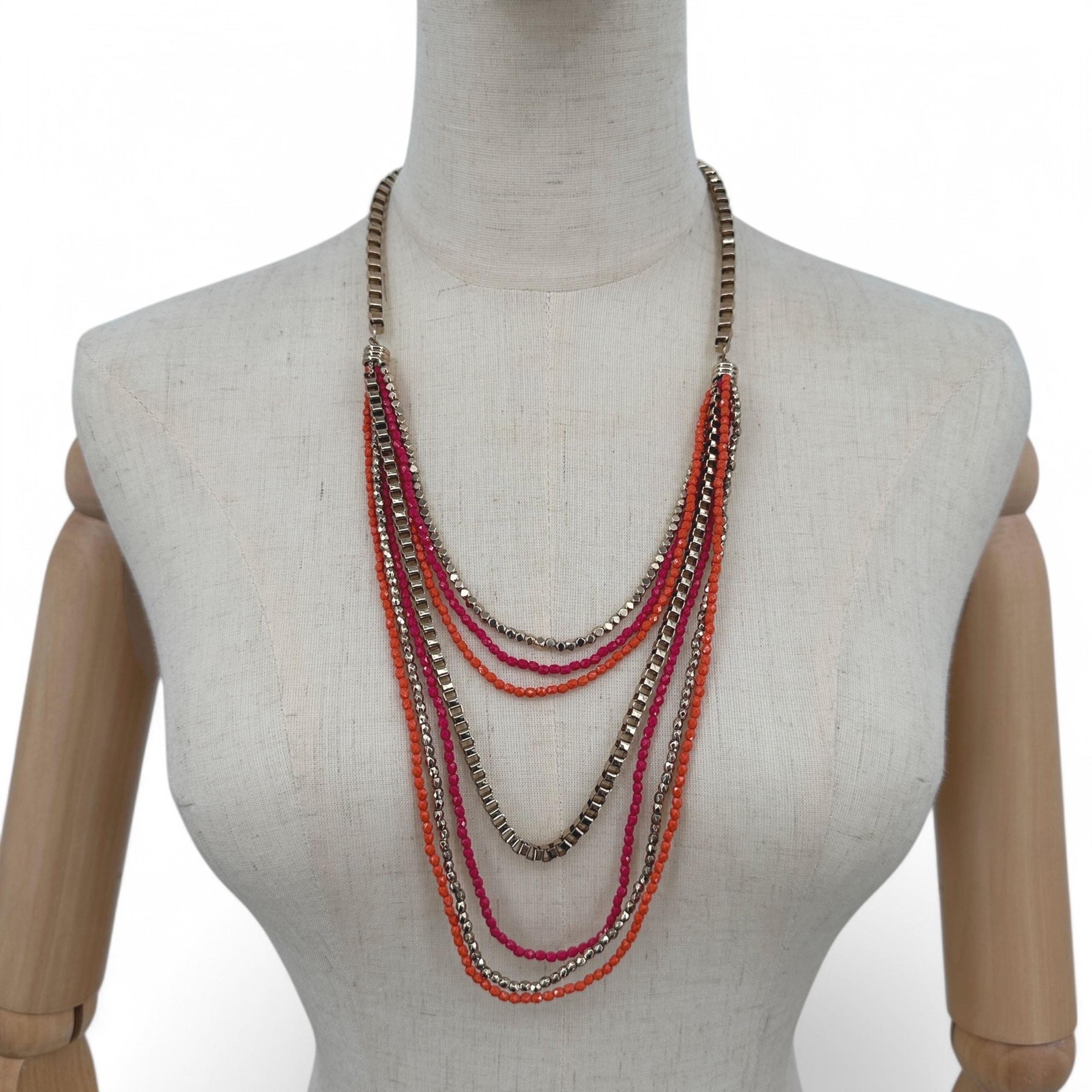 Vera Bradley Necklace Multi Strand Pink Orange Gold Tone Statement