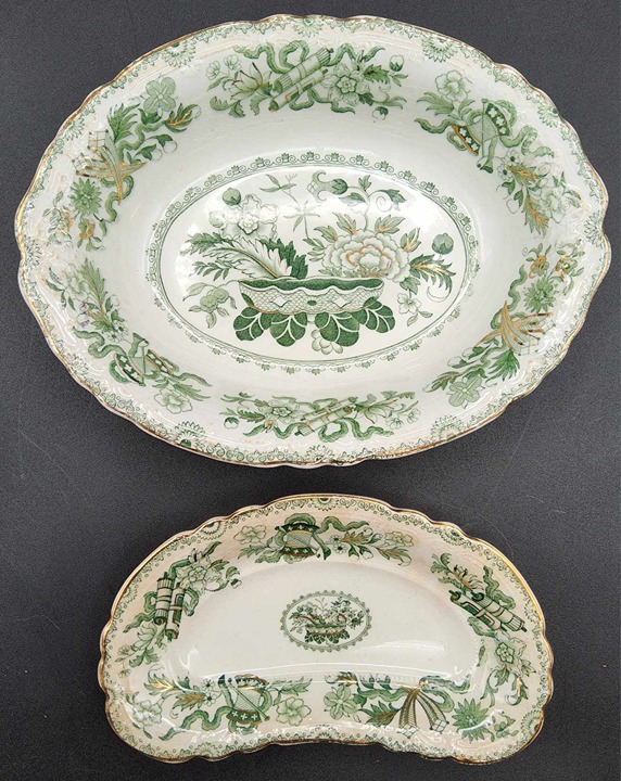 Antique J & G Meakin Green Japan Pattern 9 Serving Bowl & 7 Butter Dish