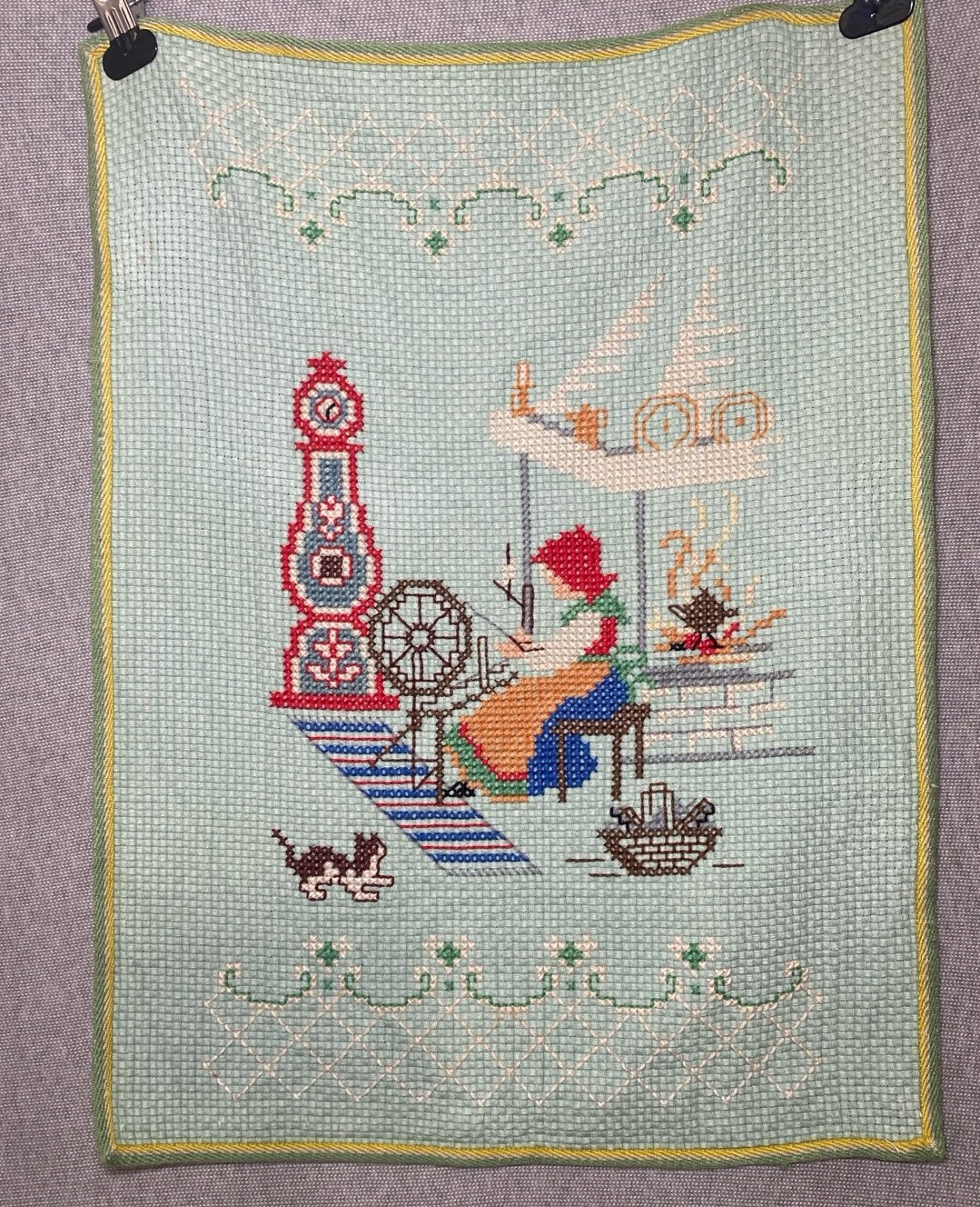 A Sweet Handmade Vintage Cross Stitched Wall Decoration Spinster Cat Cottage