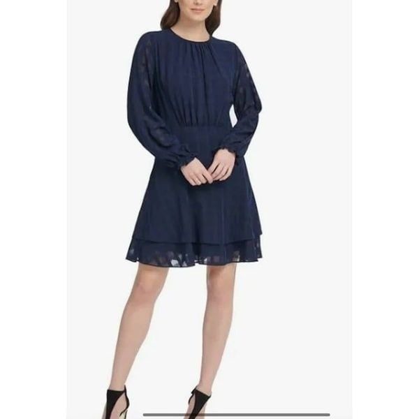 DKNY Women Navy Georgette Long Sleeve Double Layer Skirt Midi Dress Size 14