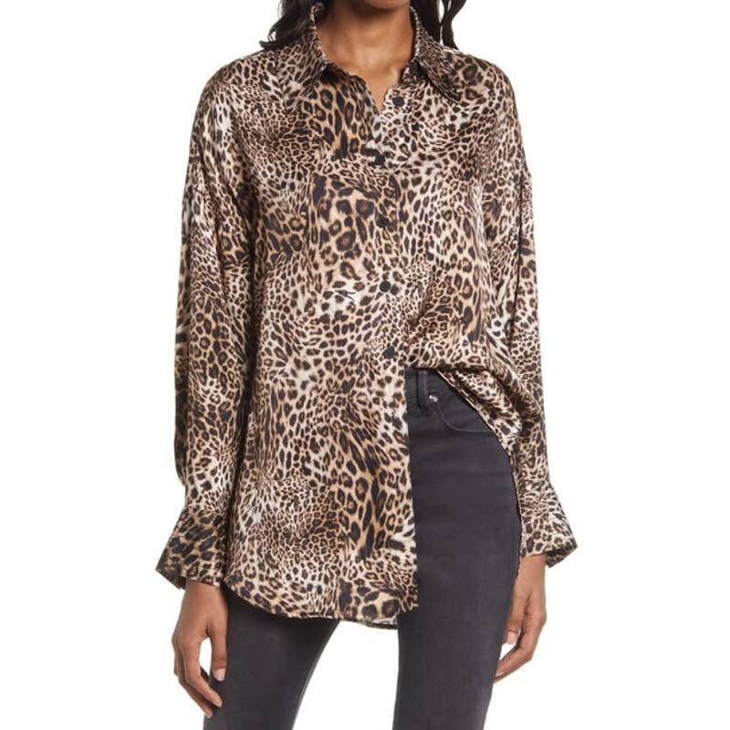 NWT All SAINTS Inez Kiku Wave-Effect Cheetah Print Over Sized Button Down Shirt