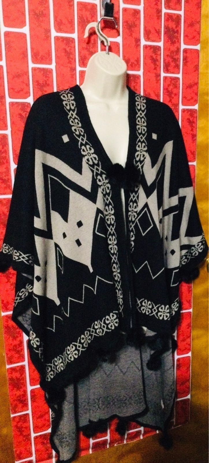Women's Long-Calf Length Knit -Cotton-Geometric-Southwest Poncho-Faux Rabbit Pom