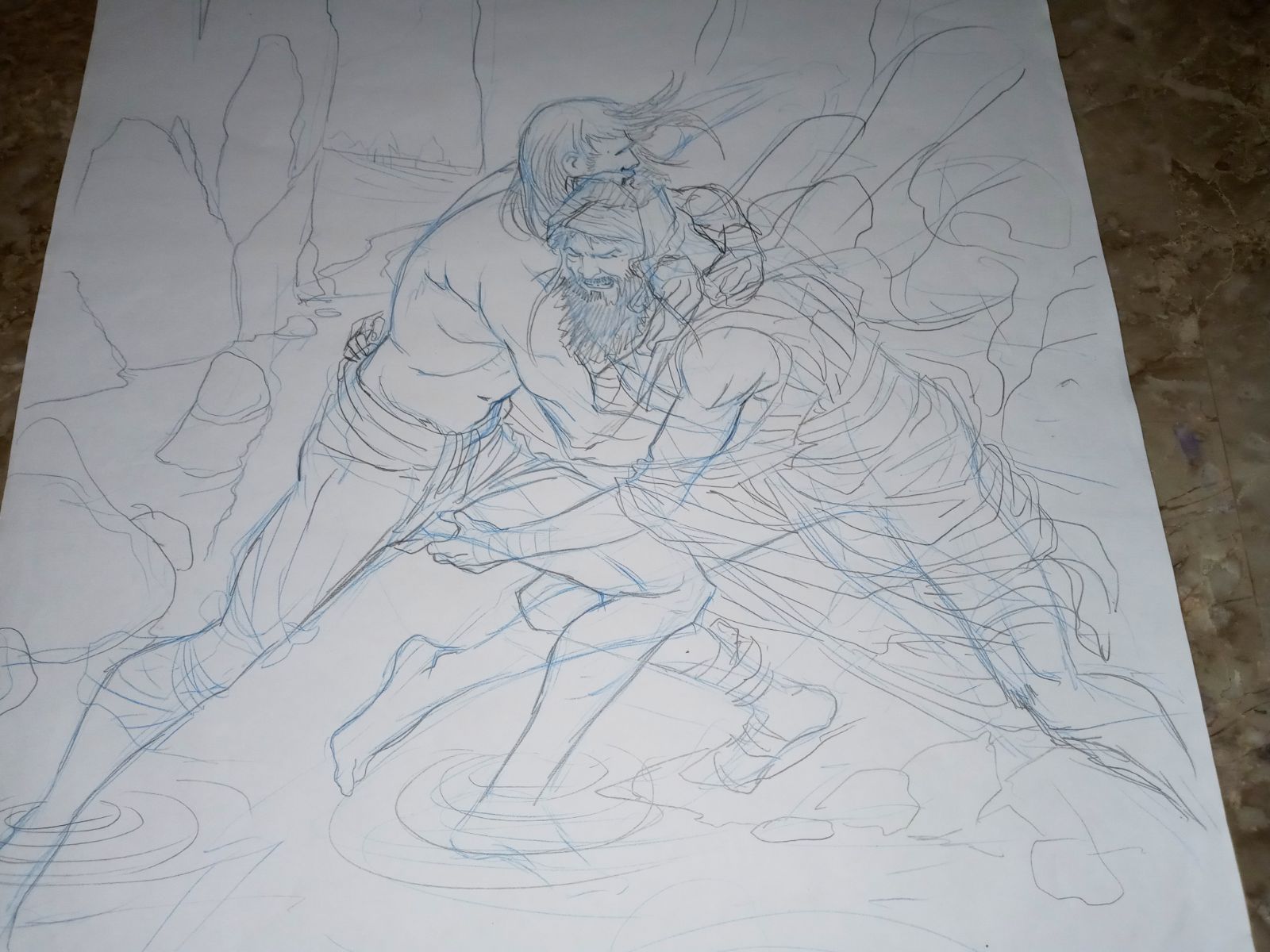 Original comic art two guys fighting