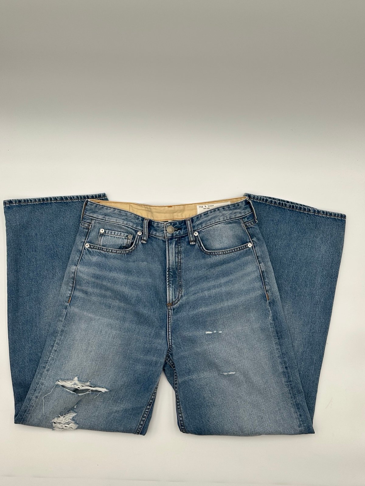 Rag & Bone Featherweight Logan Mid-Rise Wide Relaxed Jeans Destructed Sz 29