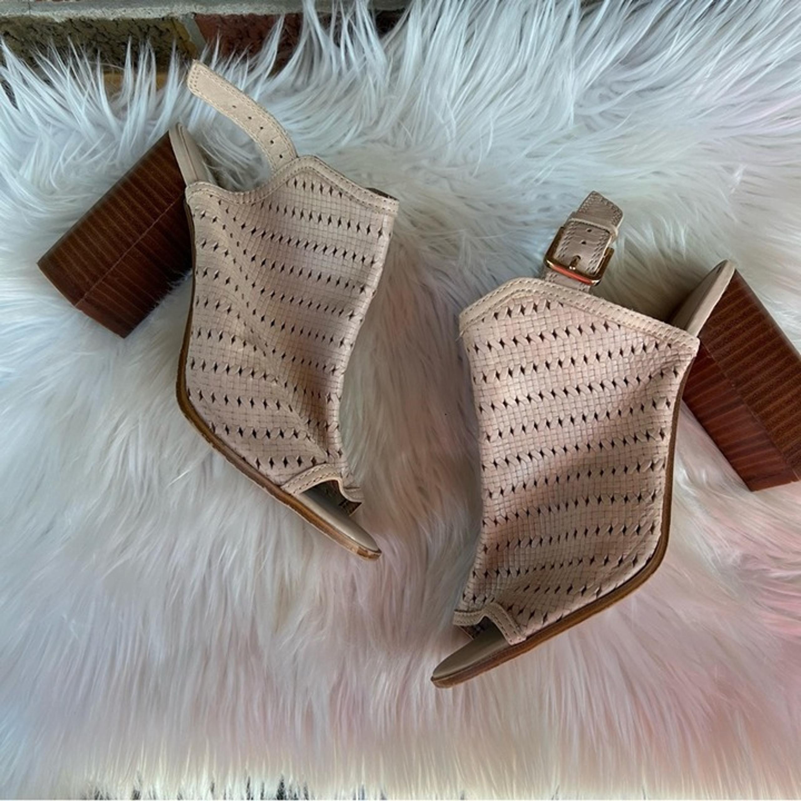 Aldo Cream Pink Open Toe Perforated Ankle Strap Block Heels