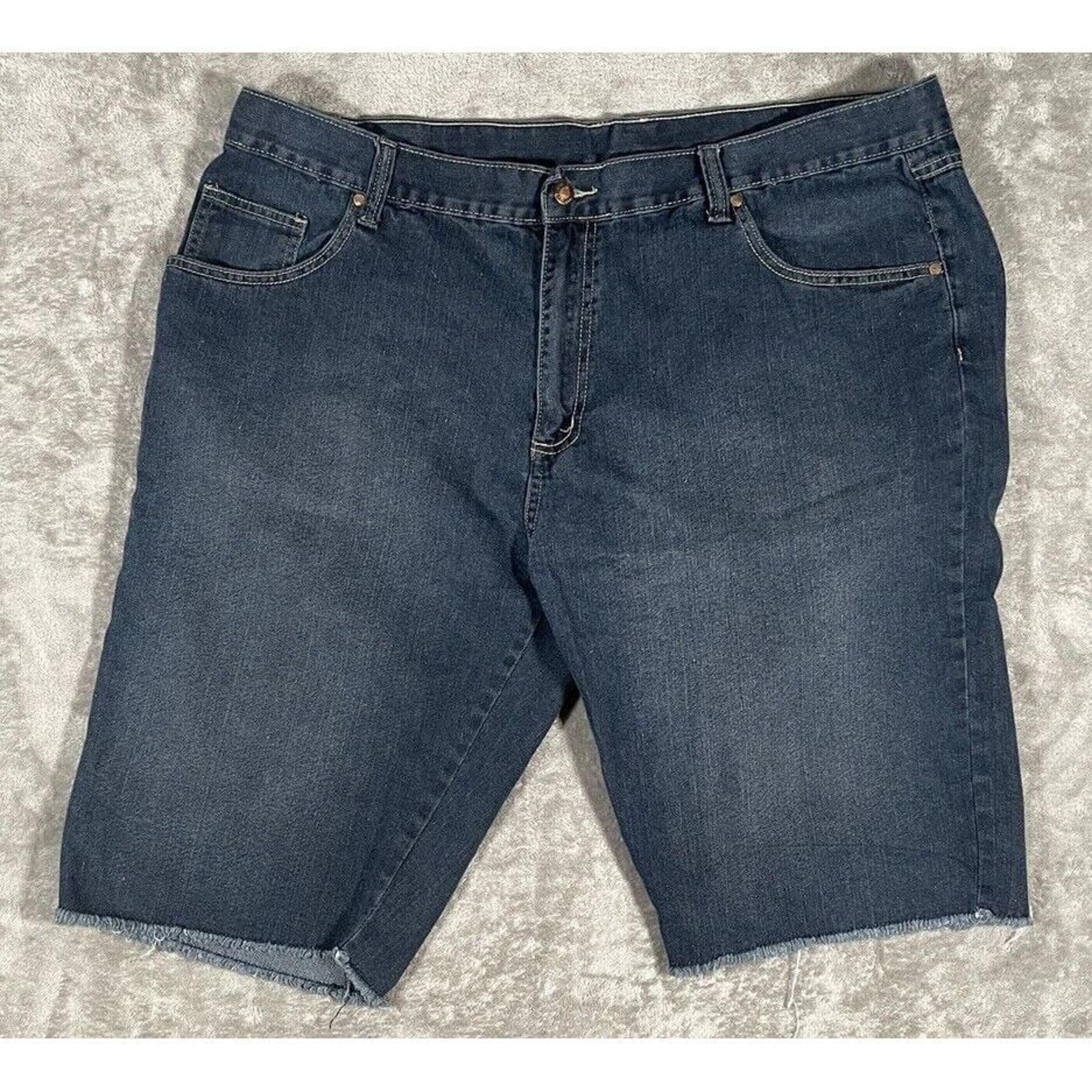 Vintage Y2K Kani Gold Shorts Blue Dark Wash Denim Jean 13" Inseam Raw Hem Sz 46