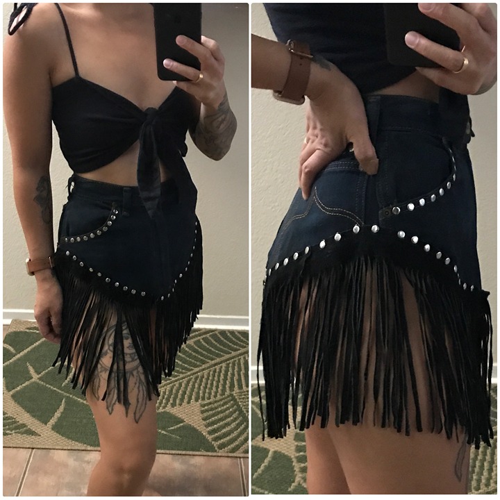 Vintage Women’s Wrangler Denim & Fringe Mini Skirt 25”