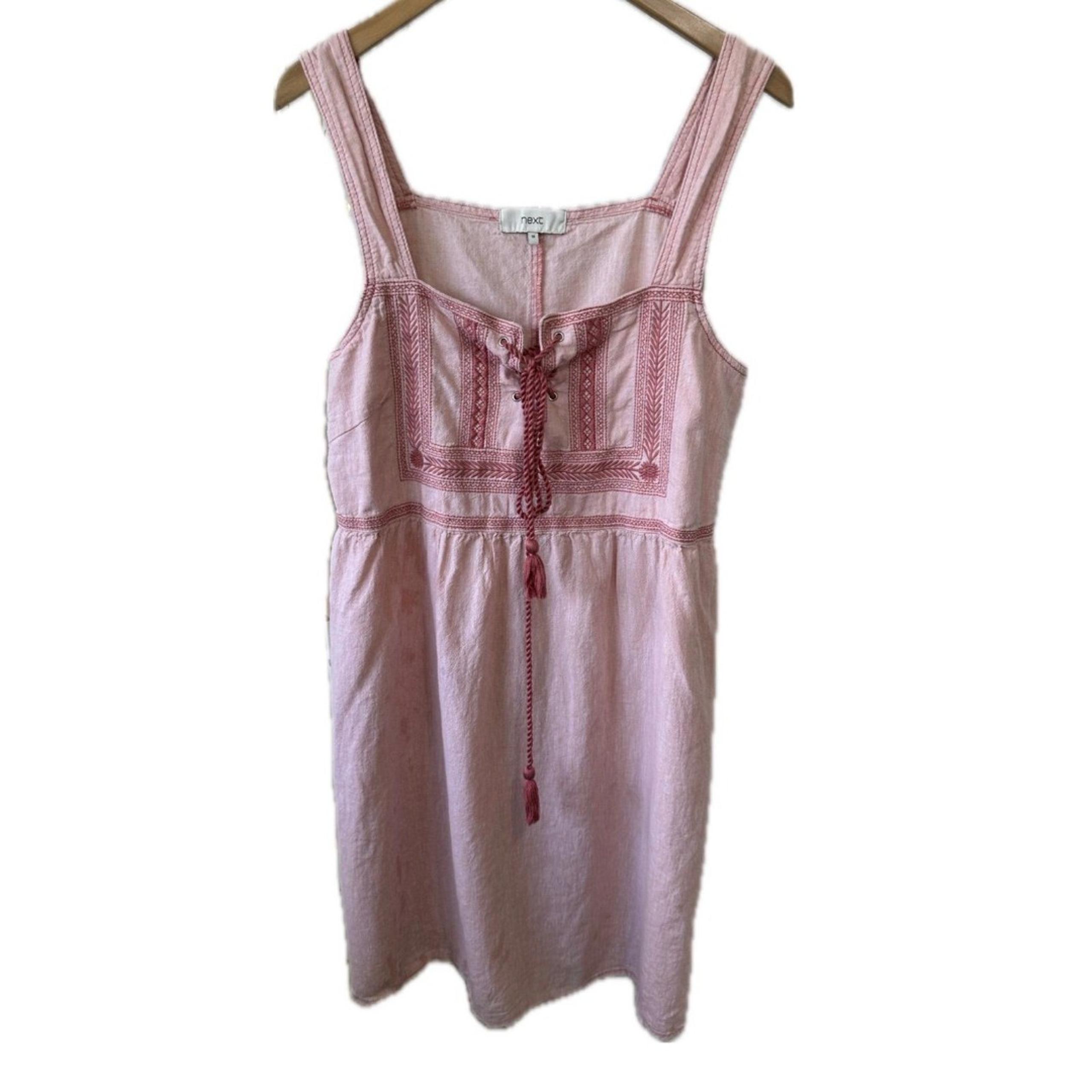 Next Linen Cotton Blend Embroidered corded Lace Up Front Tie Sleeveless Dress 18