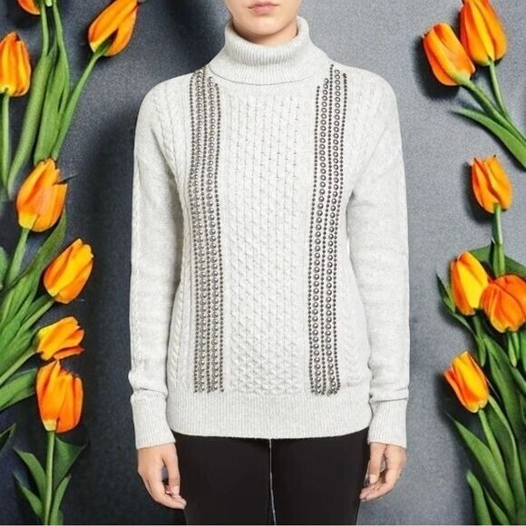 Halogen Grey Wool Blend Turtle Neck Beaded Knit Sweater Women's Size MP