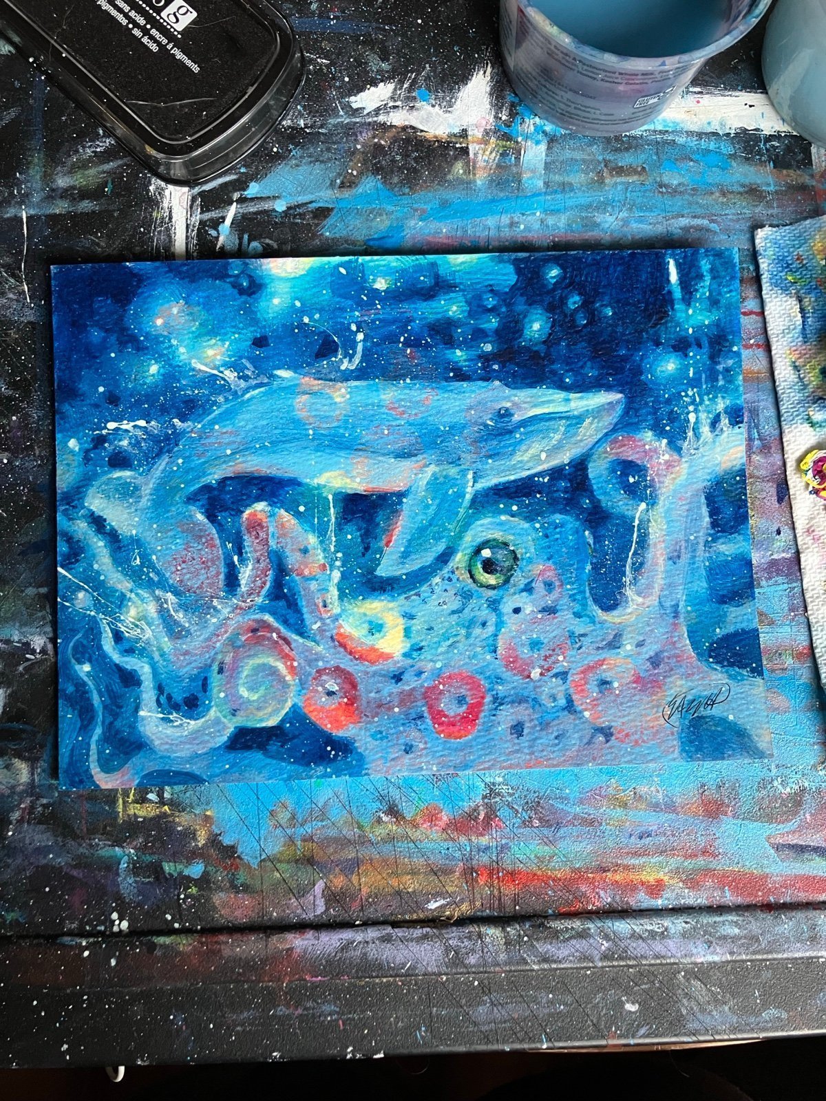 Original Painting Whale octopus Surrealism art signed ooak artwork handmade USA