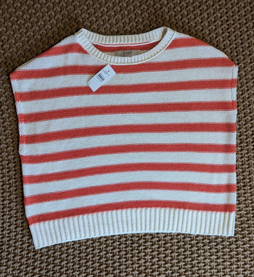 NWT Loft Dolman Short Sleeve Cream & Coral Stripe Sweater, Sz Lg