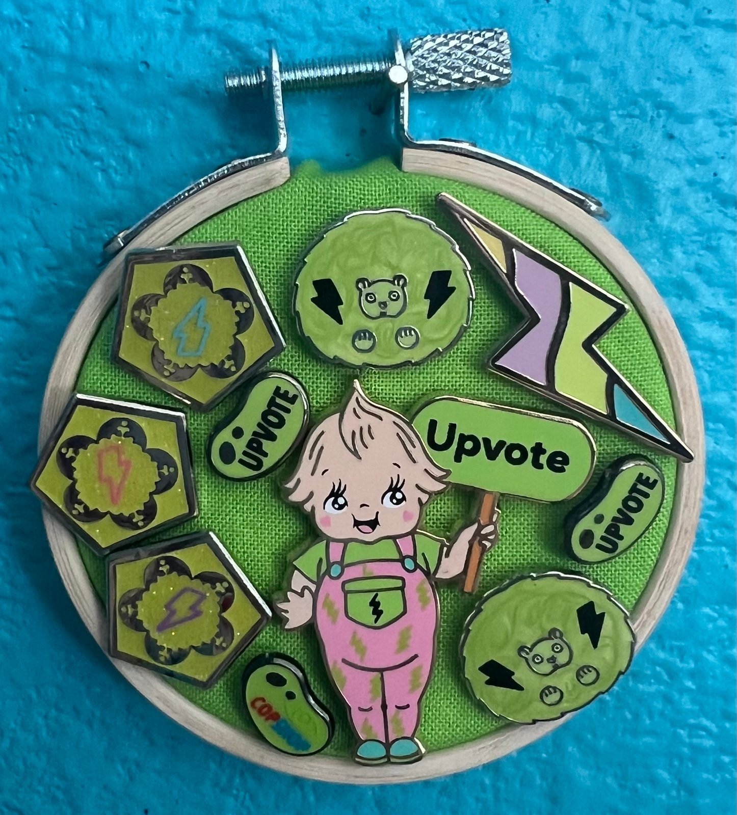 Popshop Upvote Pin Bundle + mini green pin hoop by Laserbrain & OMGoodness Pins