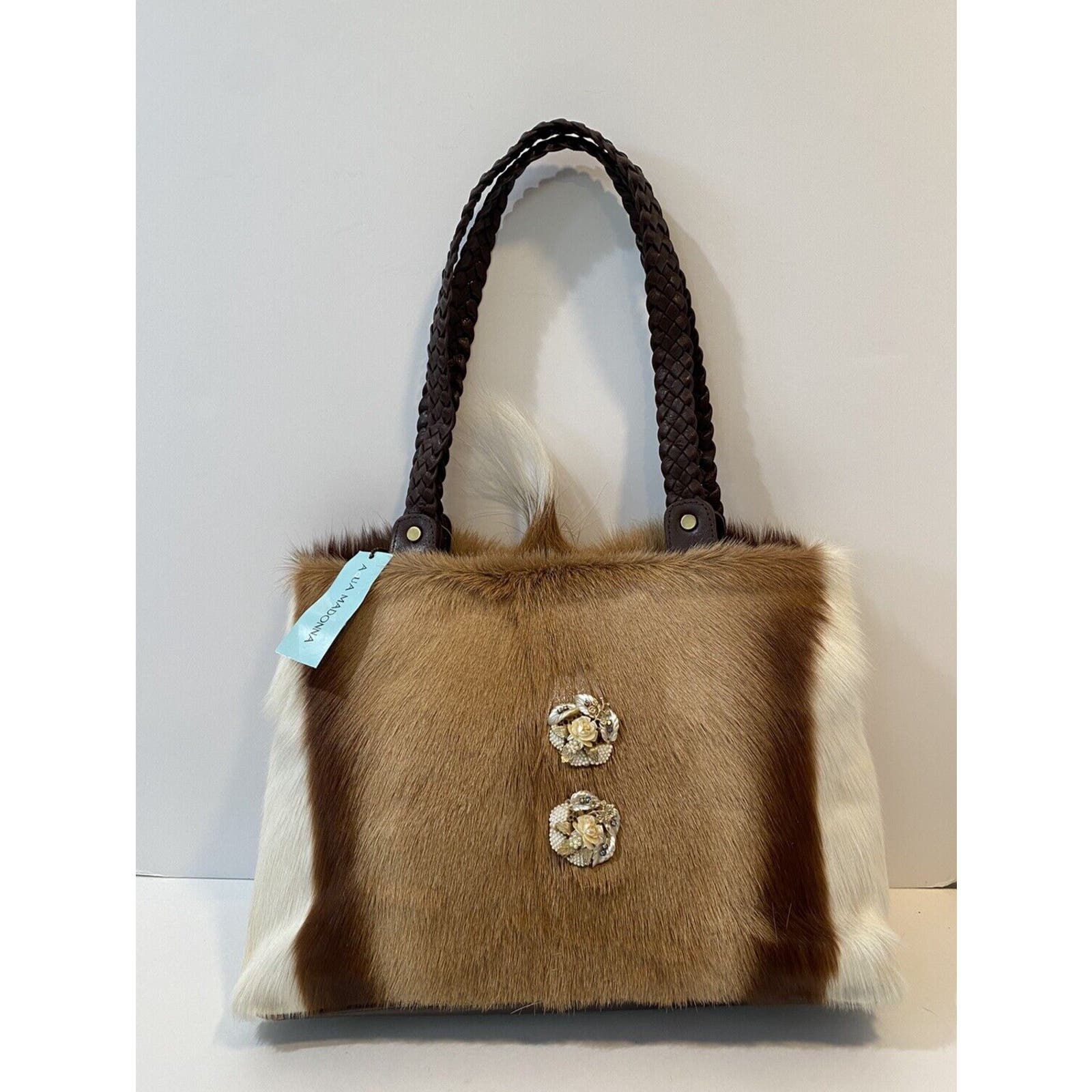 aqua madonna tote handbag springbok fur and leather trim brown