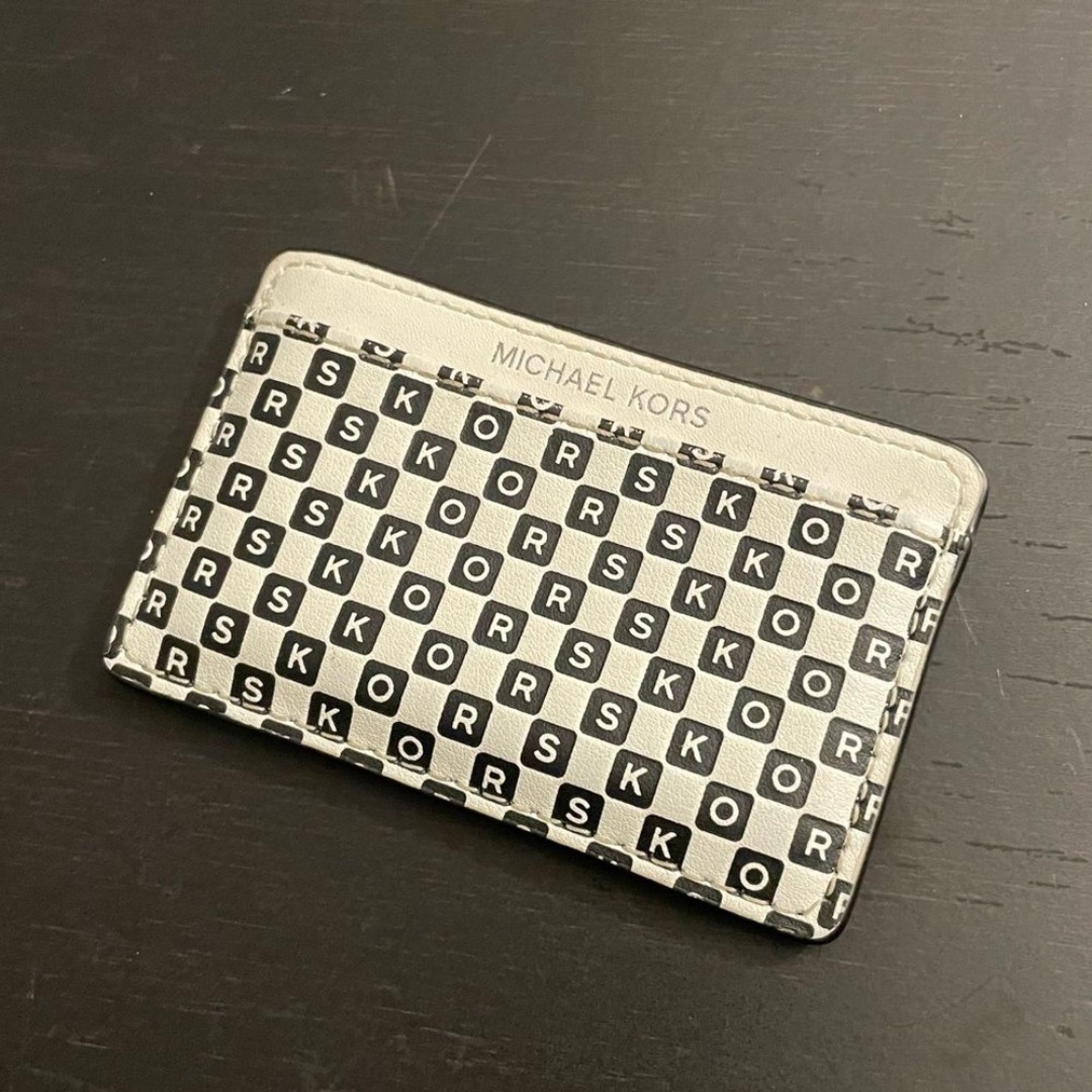 Michael Kors Black and White Checker Monogram Card Case Silver Logo Wallet
