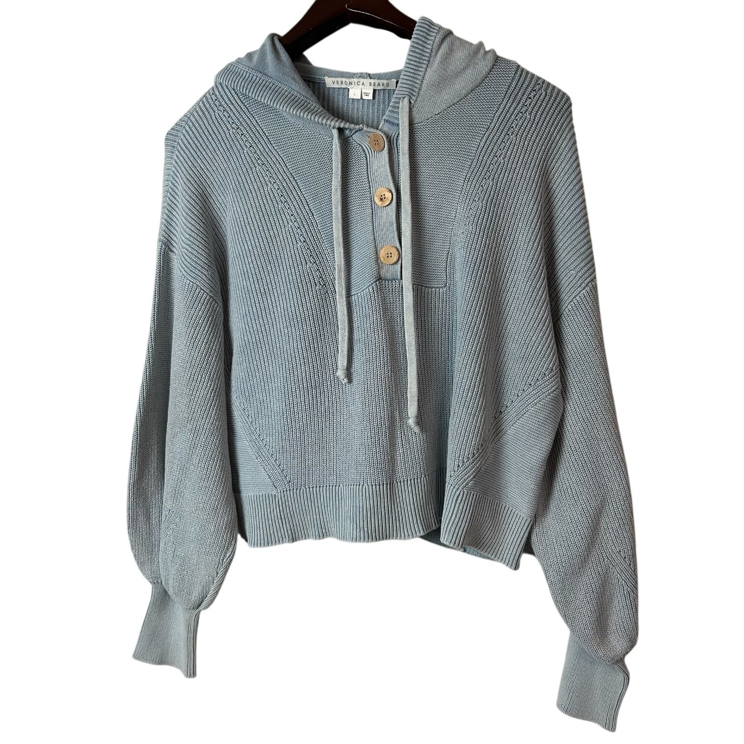 Veronica Beard Ursina Blue knit Cotton Crop Hoodie sweater women’s size L