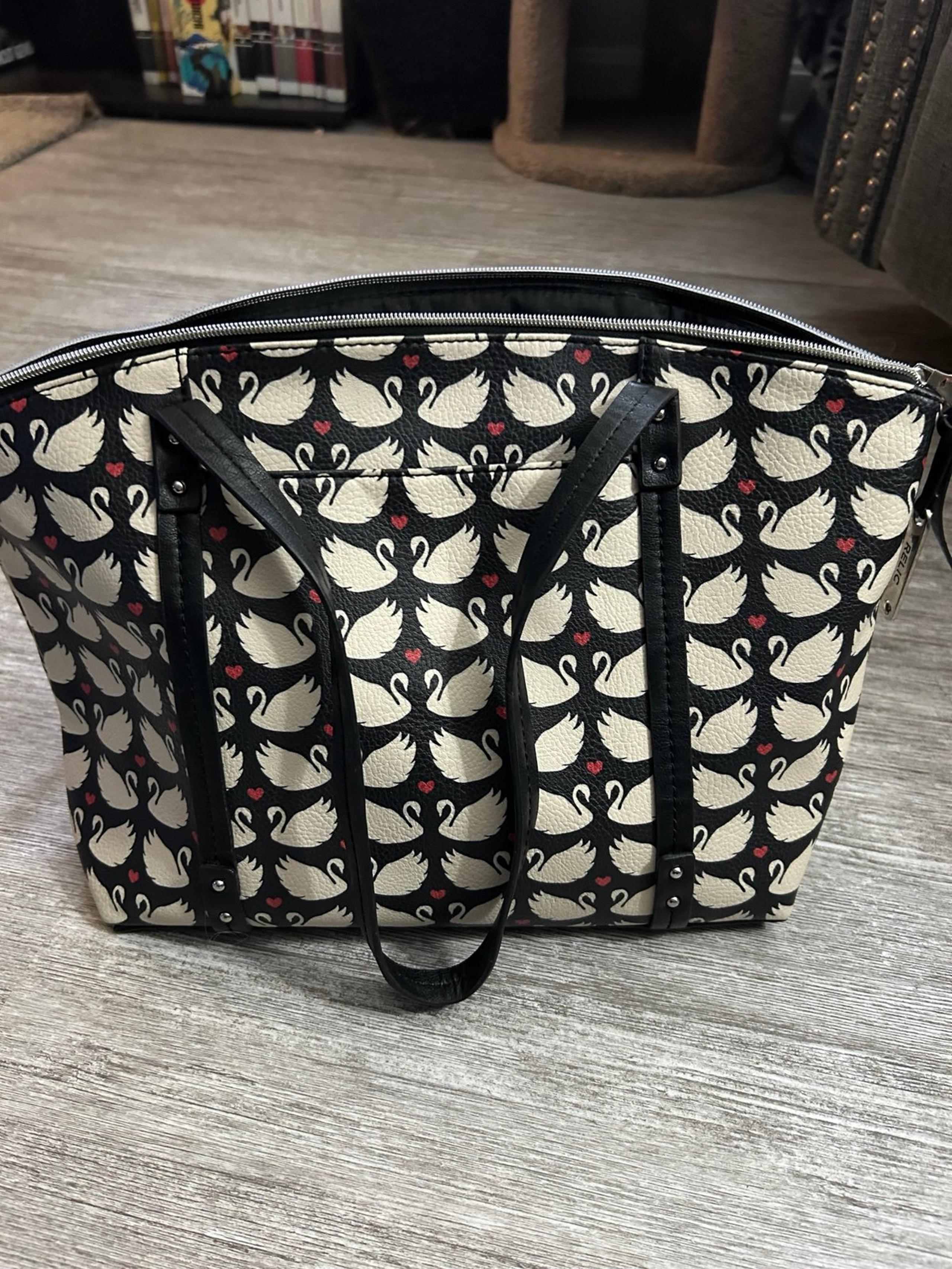 Bags | Swan Print Shoulder Bag, Zip-Top, Black, Cream and Red - Relic