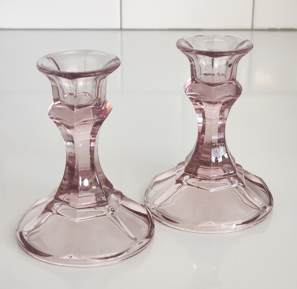 Vintage Libbey Amethyst Glass Candleholder Pair