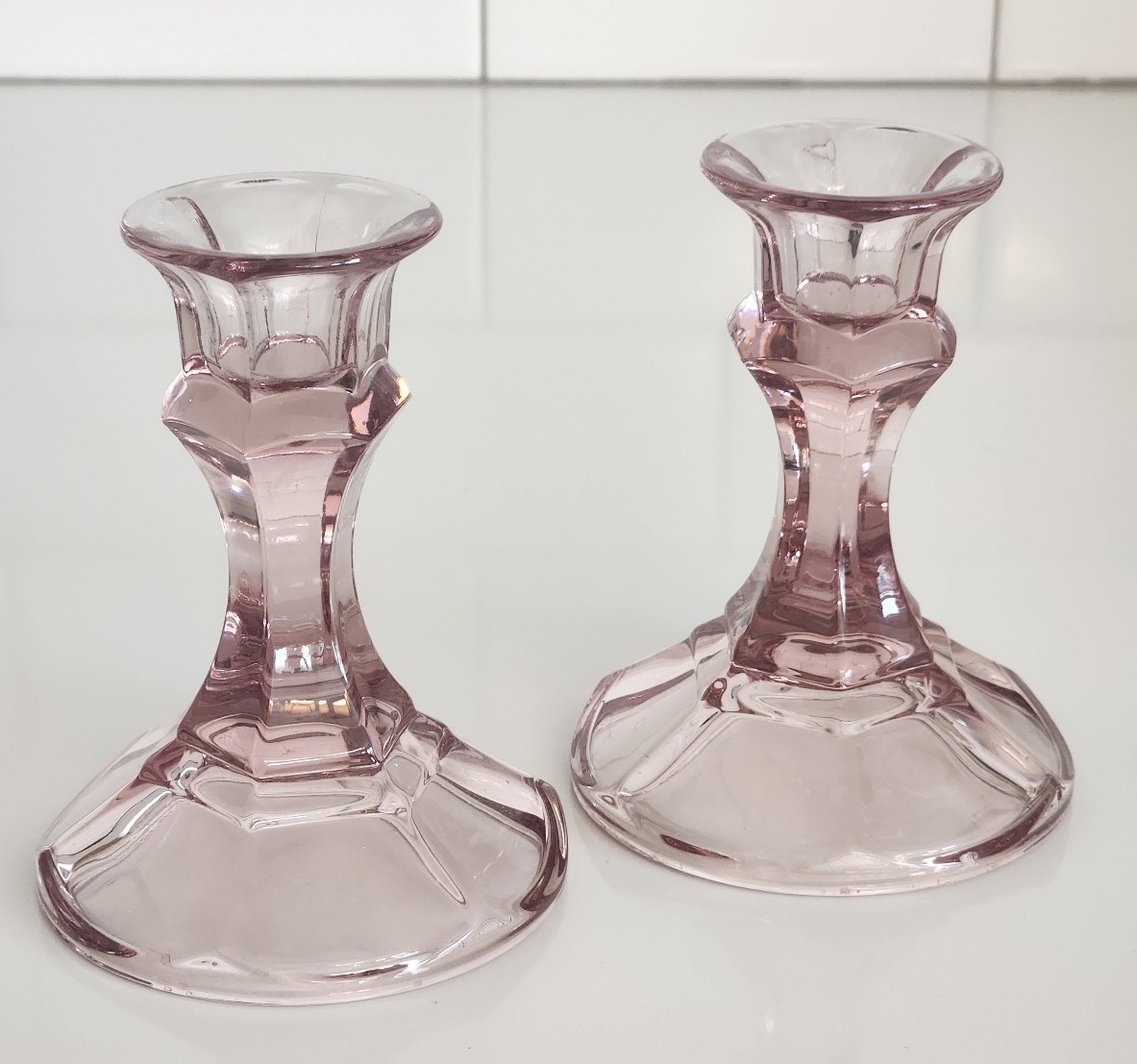 Vintage Libbey Amethyst Glass Candleholder Pair - detail