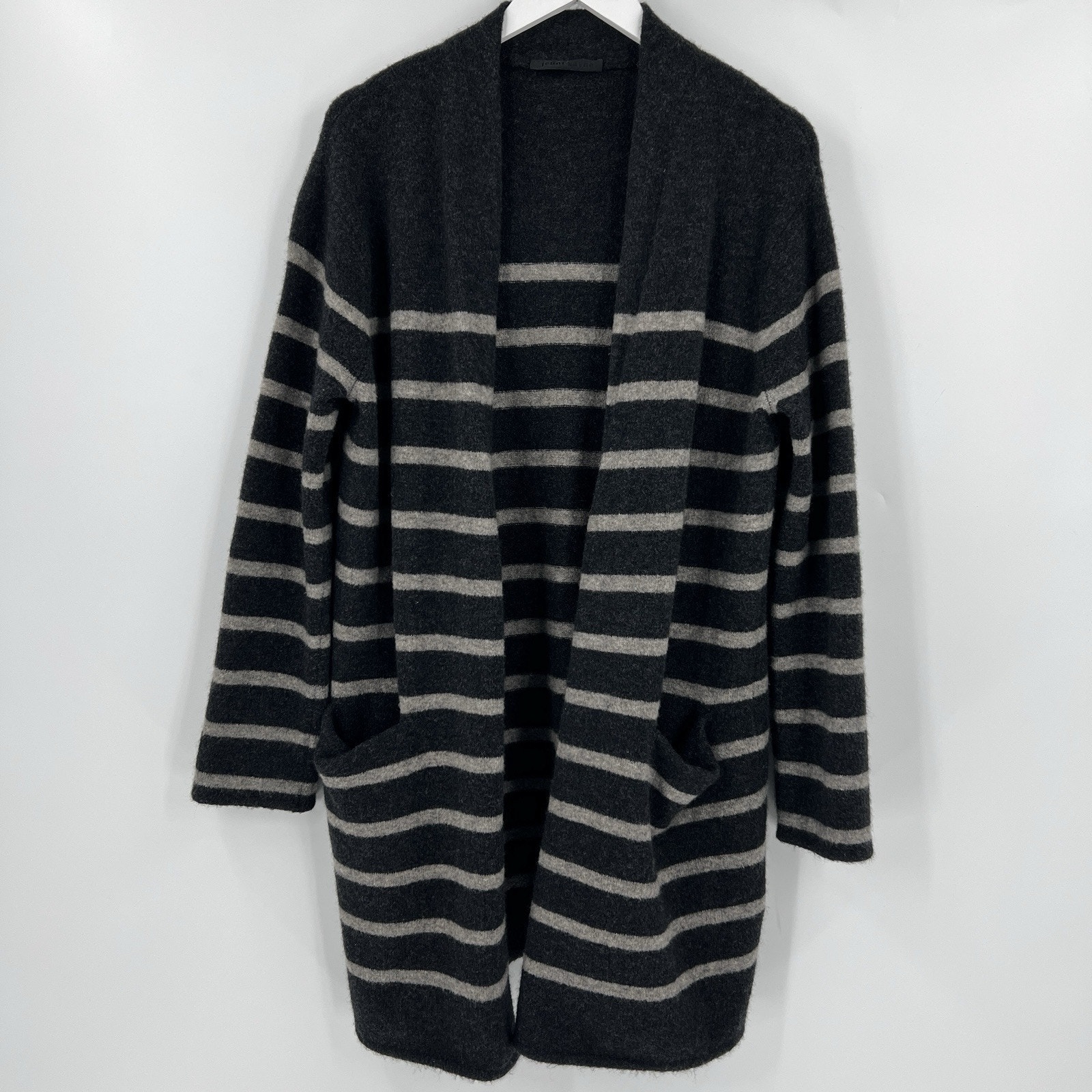 Jenni Kayne Wool Yak Blend Cardigan Sweater Coat Gray Taupe Striped Size Medium