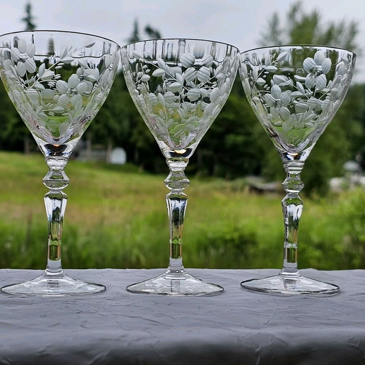 Rock Sharpe Optic Floral Cocktail Glasses 5.25 set/3 gray wheel cut 2011-15