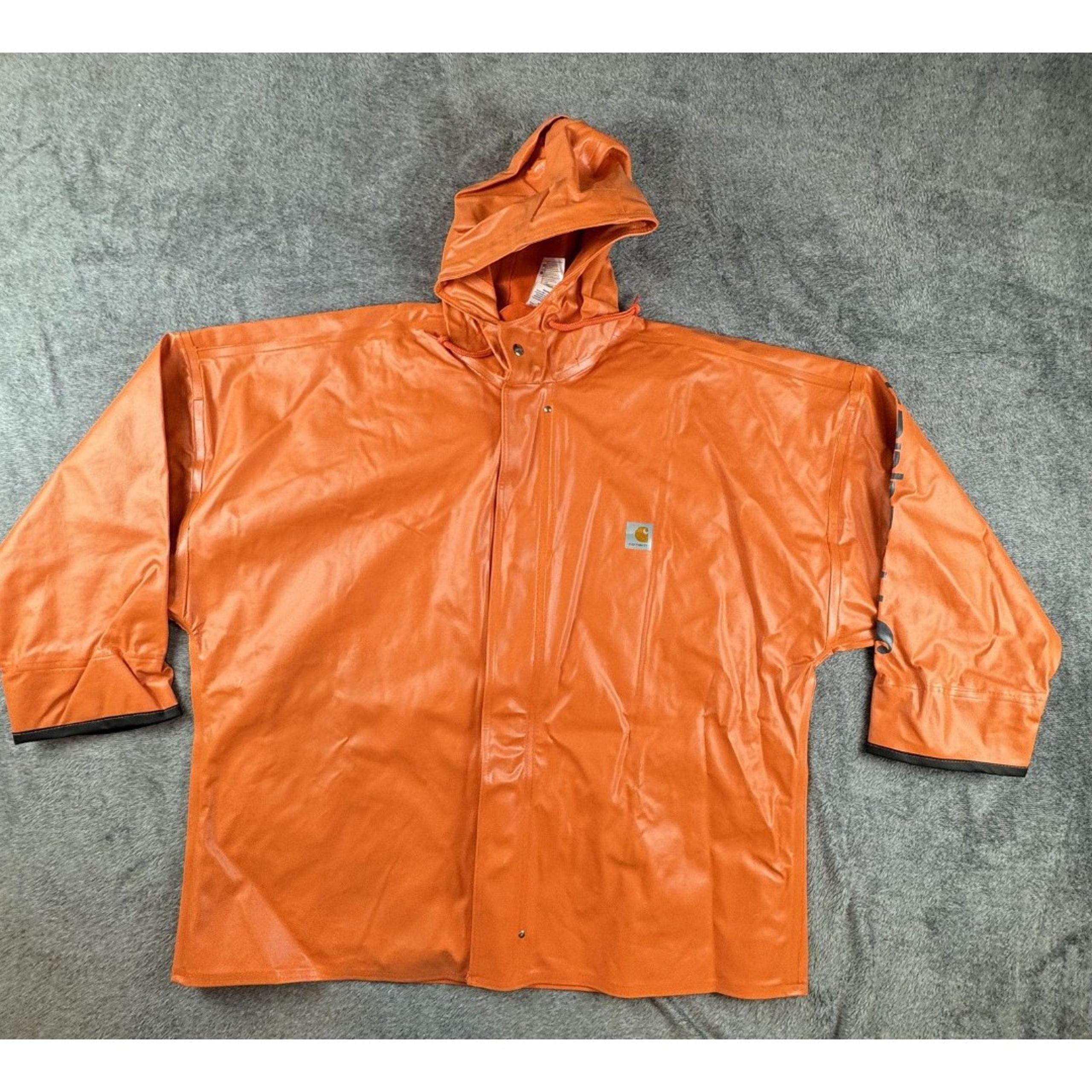 Carhartt Hooded Rain Jacket Mens XL Orange Waterproof PVC Windbreaker Workwear