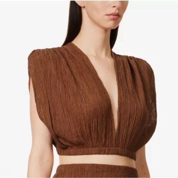 Savannah Morrow Womens XS Kamala Crop Top Crinkled Silk Blend Paprika Brown