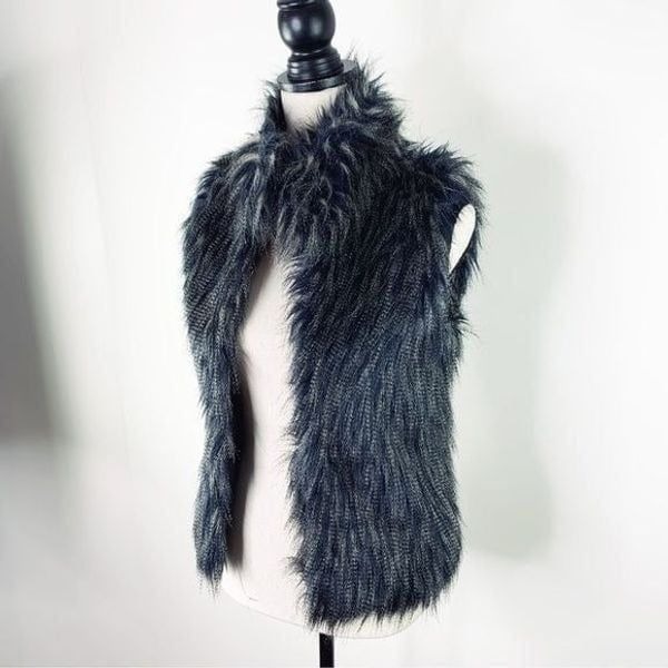 Aqua Blu/Blk Faux Fur Standup Collar Vest Medium