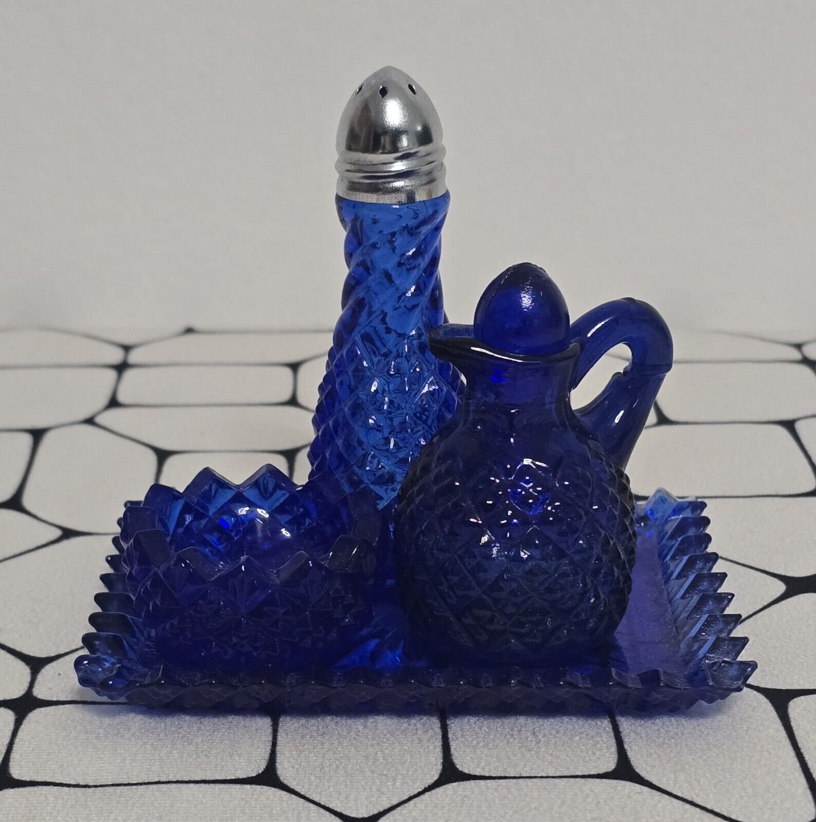 Vintage Cobalt Blue Glass Condiment Set w/ Salt Shaker, Bowl, Decanter And Dish