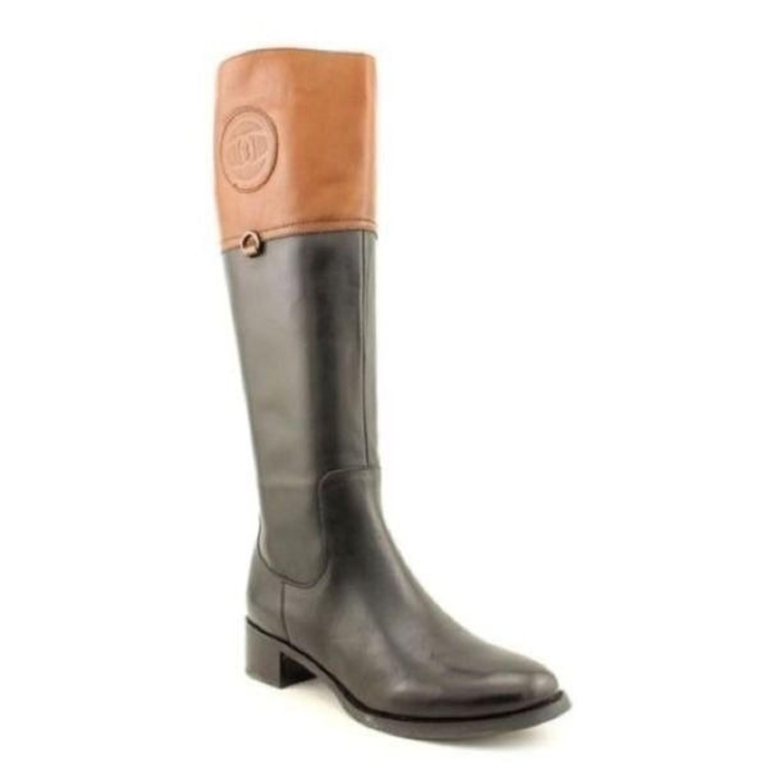 Etienne Aigner High Riding Boots Black/Brown Leather Zip Knee sz 6.5 wide shaft