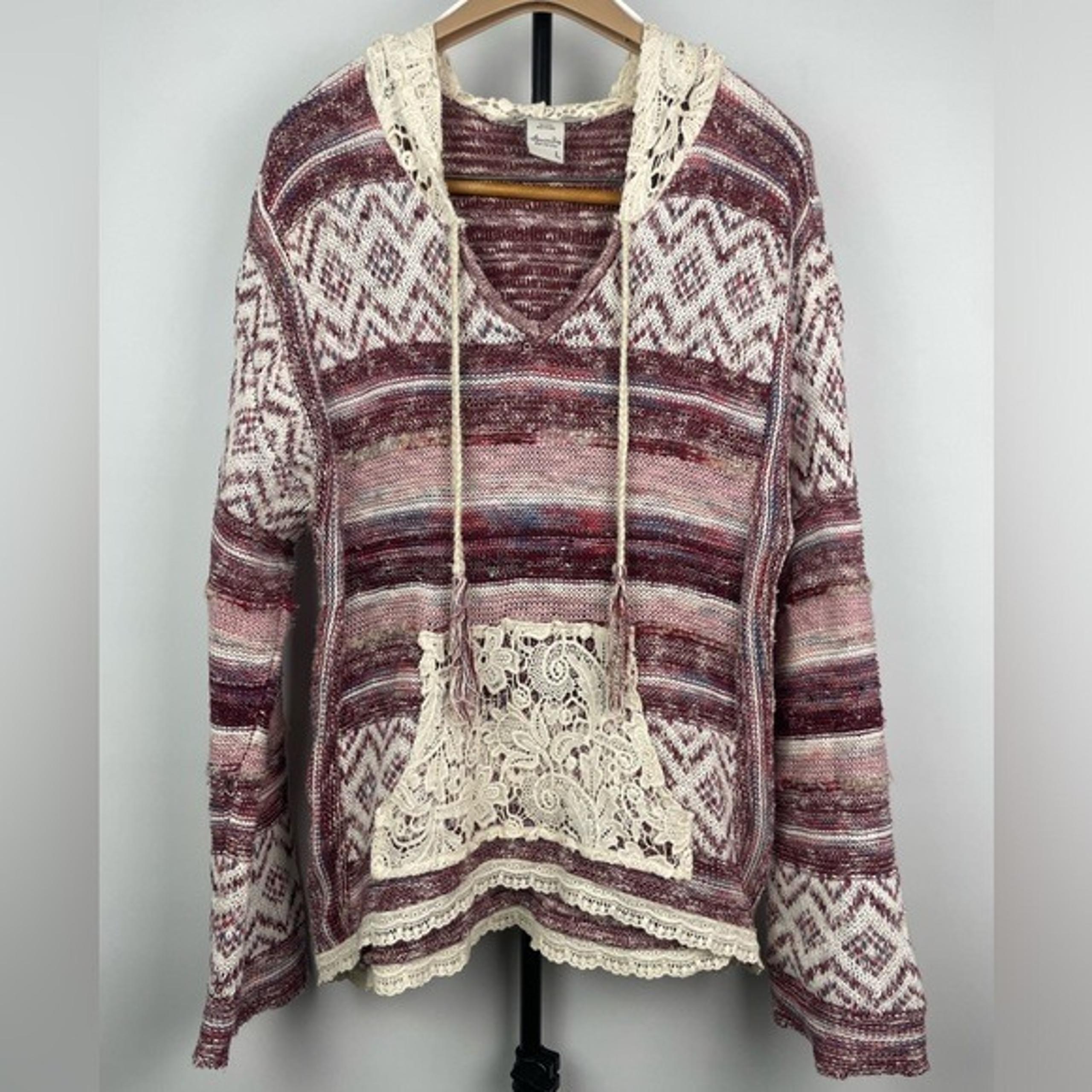 American Rag Maroon White Pink Woven Boho Eyelet Pocket Hooded Pullover Sweater