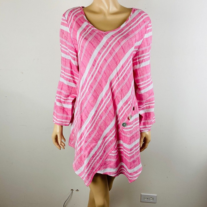 Habitat Pretty Artsy Opposing Stripes Asymmetric Button Accented Tunic Top XL