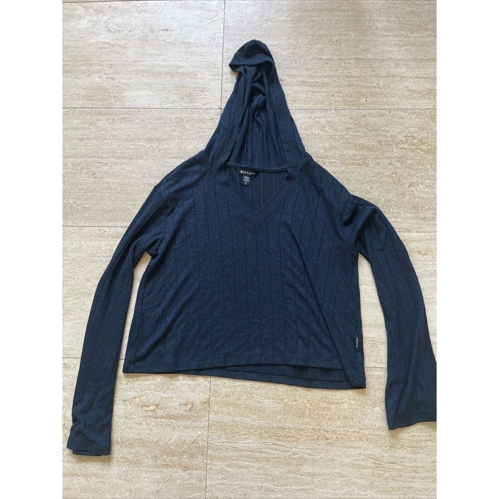 Athleta Womens Blue & Black Steady State Cropped Ribbed Hoodie Sweater Size S