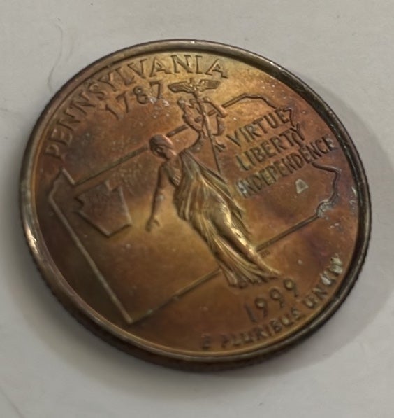 'Missing Clad Layer; 1999-P Uncirculated Pennsylvania U.S. State Quarter