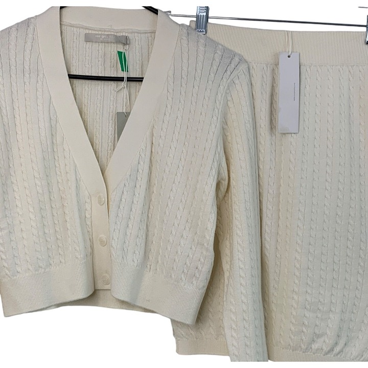 One Grey Day LA Crop Cardigan Skirt Set S Ivory NWT 7654 Knit Sweater Cable