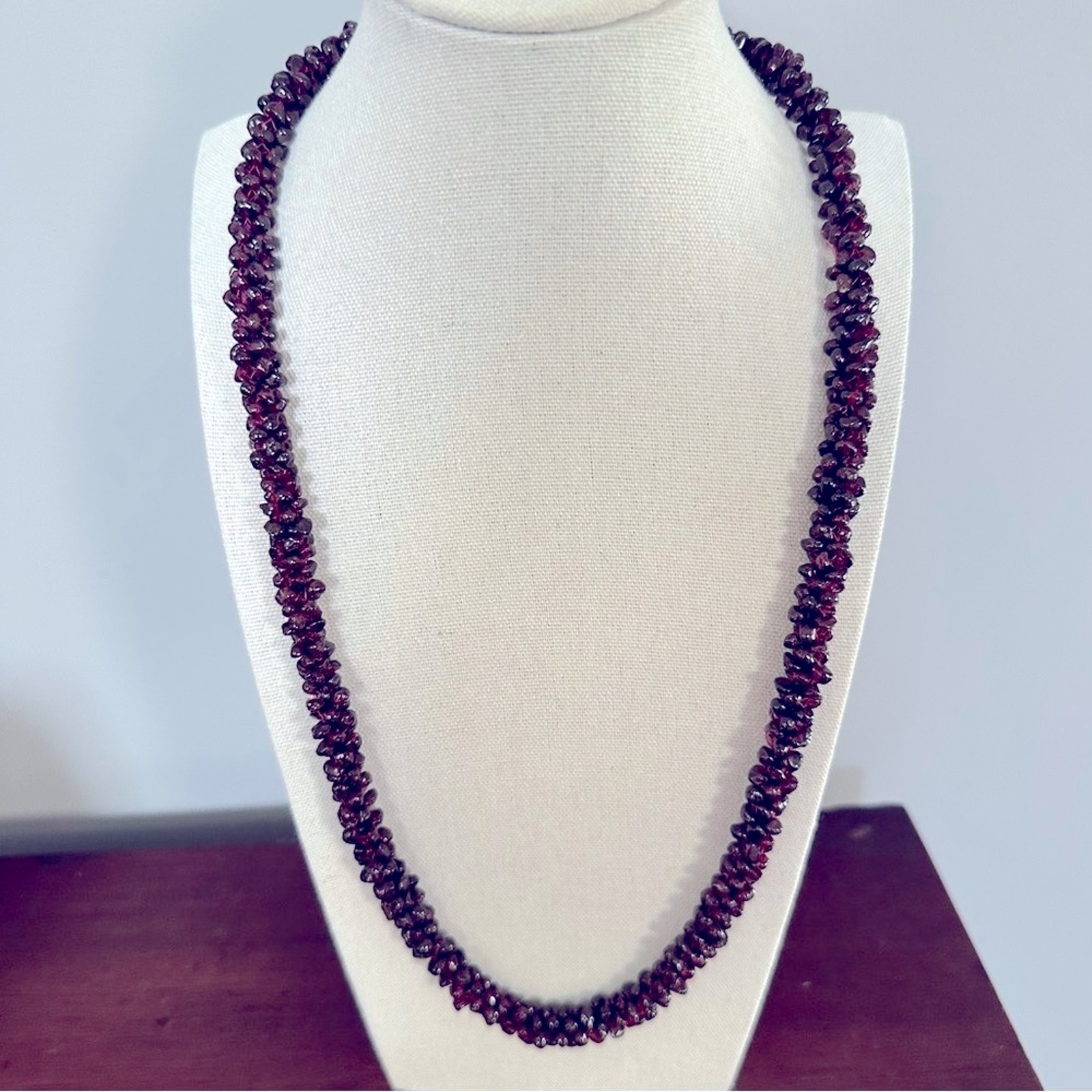 Vintage Bohemian Garnet Seed Beaded Rope Necklace Maroon Wine Deep Red Beads