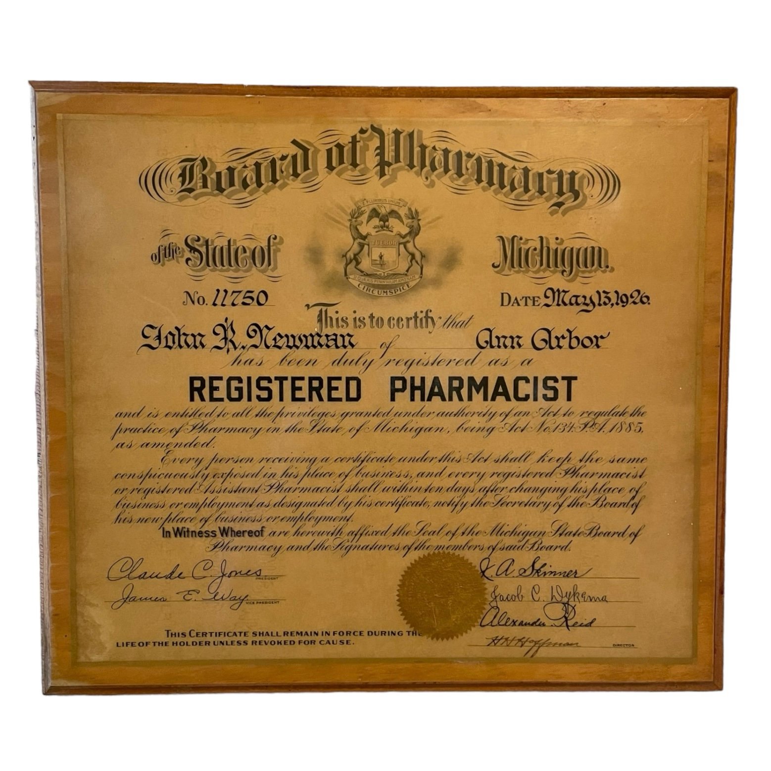 Vintage Pharmacy Sign 1926 Registered Pharmacist Michigan On Wood 16”x14”