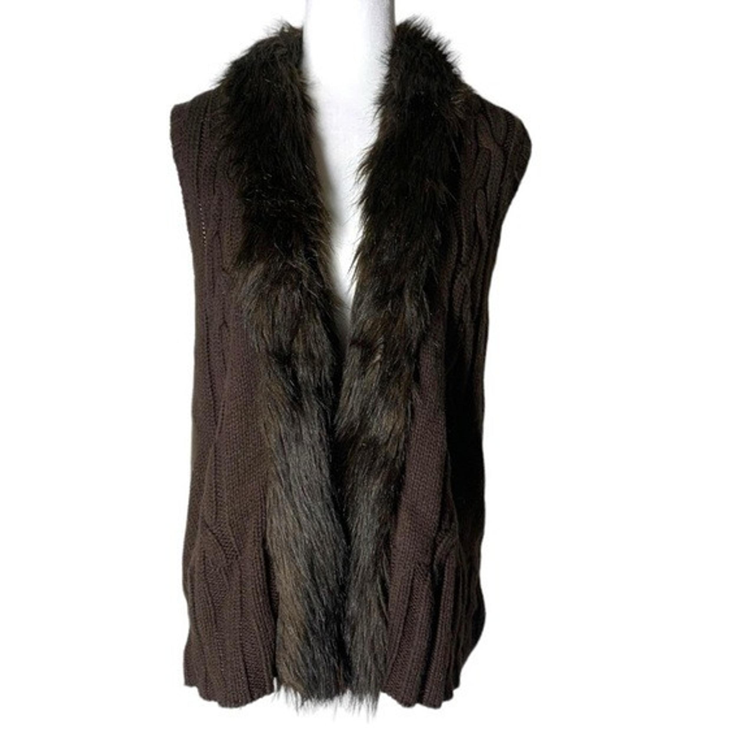 Style & Co. Brown Open Front Knitted Vest Faux Fur Neckline trim Tunic Length