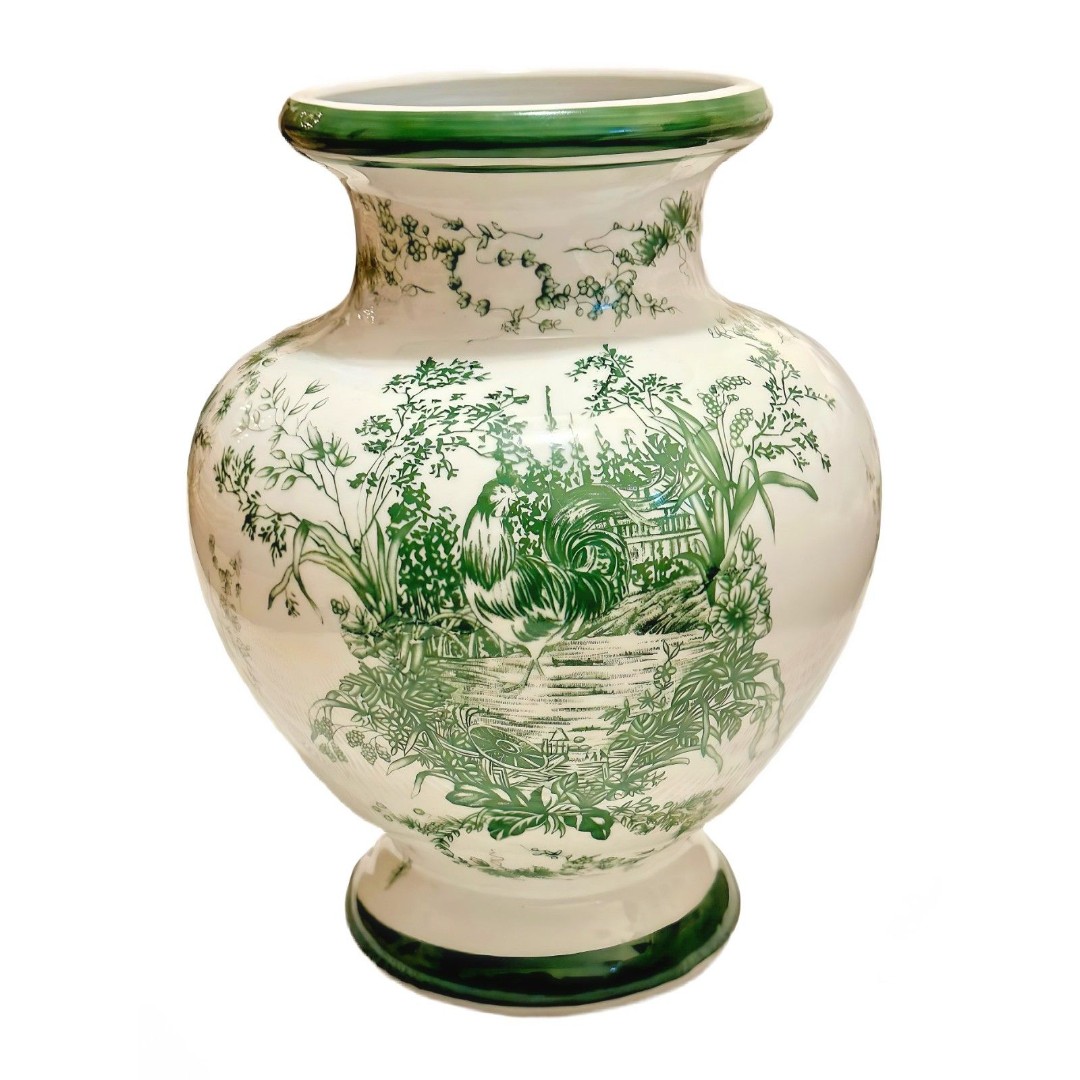 Vintage Green Transferware Vase with Rooster and Farm Scene – 9 Ceramic