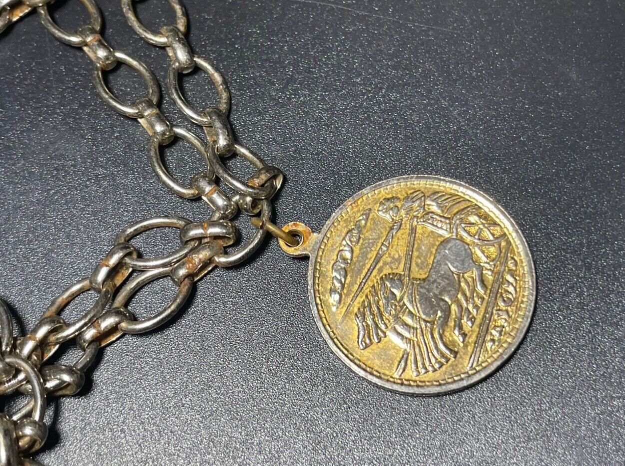 Vintage Alexander the Great Layered coin charm lariat necklace 33” hook clasp