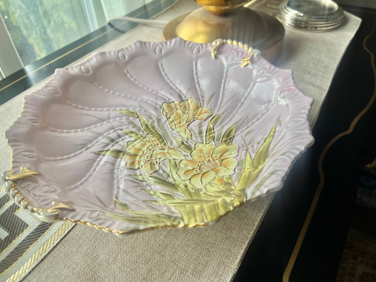 Vintage 10” porcelain painted dish - raised