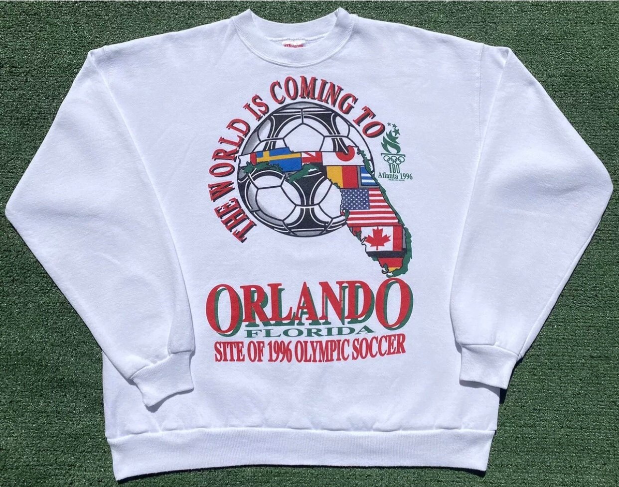 Rare VTG 1996 Atlanta Olympics Soccer Orlando Double Sided Sweatshirt Size Large