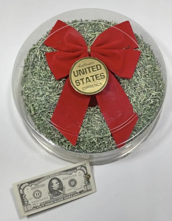Shredded Money Holiday Wreath.  Unique gift, for the person who has everything