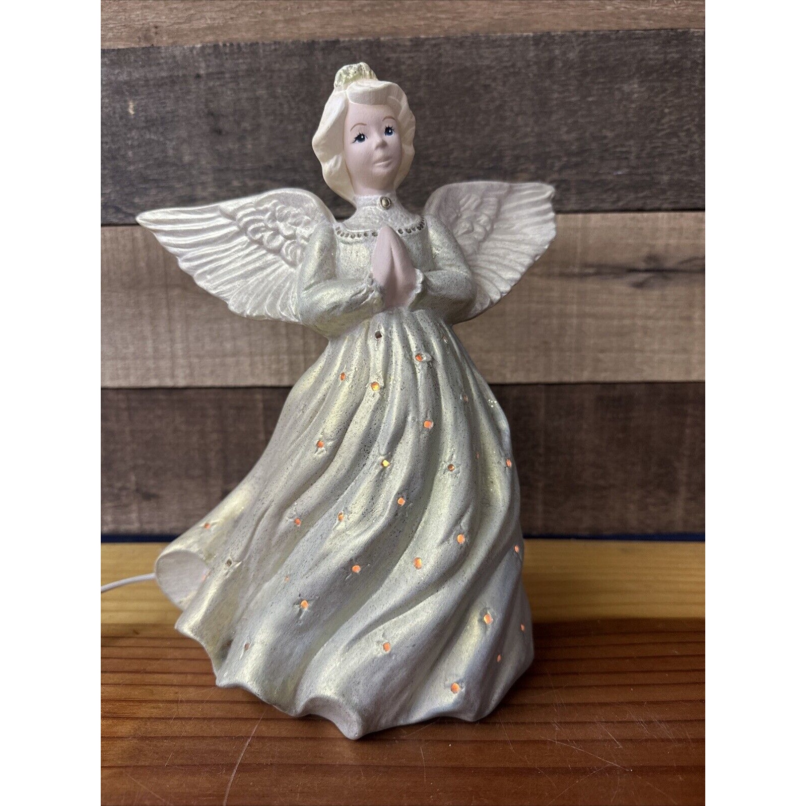 Angel Praying Glitter Wings Handpainted Lighted Ceramic 10 H